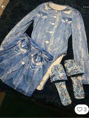 SHEIN Blue Denim-Print bodysuit with Matching Skirt